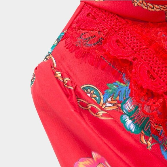 Luxury Elegant Midi Dress Red Red Floral & Chain Print SZ S M Tall Pleated Skirt - Picture 5 of 9